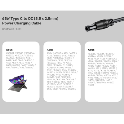 KABEL ZASILAJĄCY C14116BK-1.8M DC JACK 5.5 X 2.5 MM / USB-C 1.8 m UNITEK