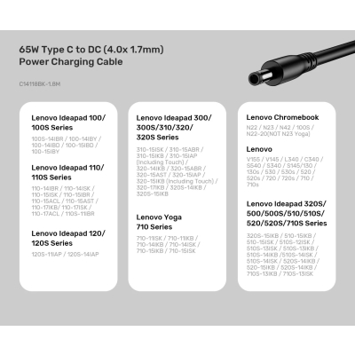 KABEL ZASILAJĄCY C14118BK-1.8M DC Jack 4.0 x 1.7 mm / USB-C 1.8 m UNITEK