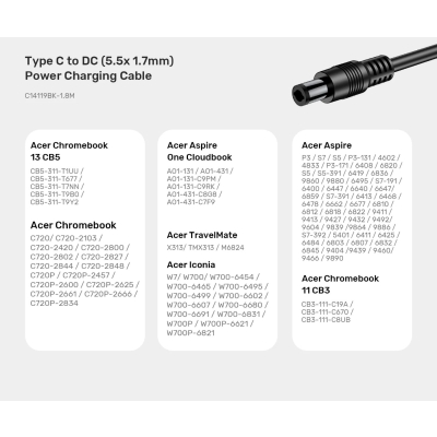 KABEL ZASILAJĄCY C14119BK-1.8M DC Jack 5.5 x 1.7 mm / USB-C 1.8 m UNITEK